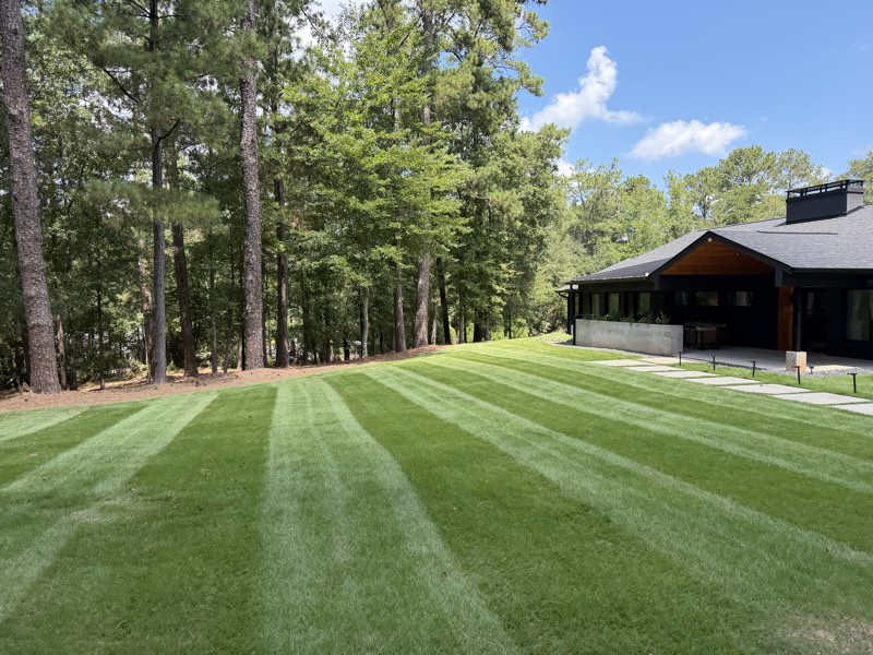 Freshly mowed lawn with crisp stripes at a modern home in the Athens, GA area